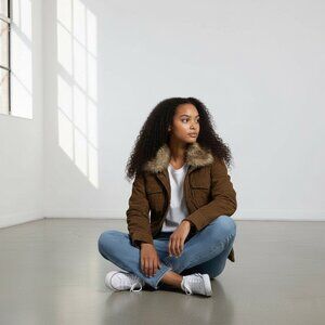 Cotton canvas field jacket w/ faux fur collar HIDDEN rain hoodie Eddie BAUER XL